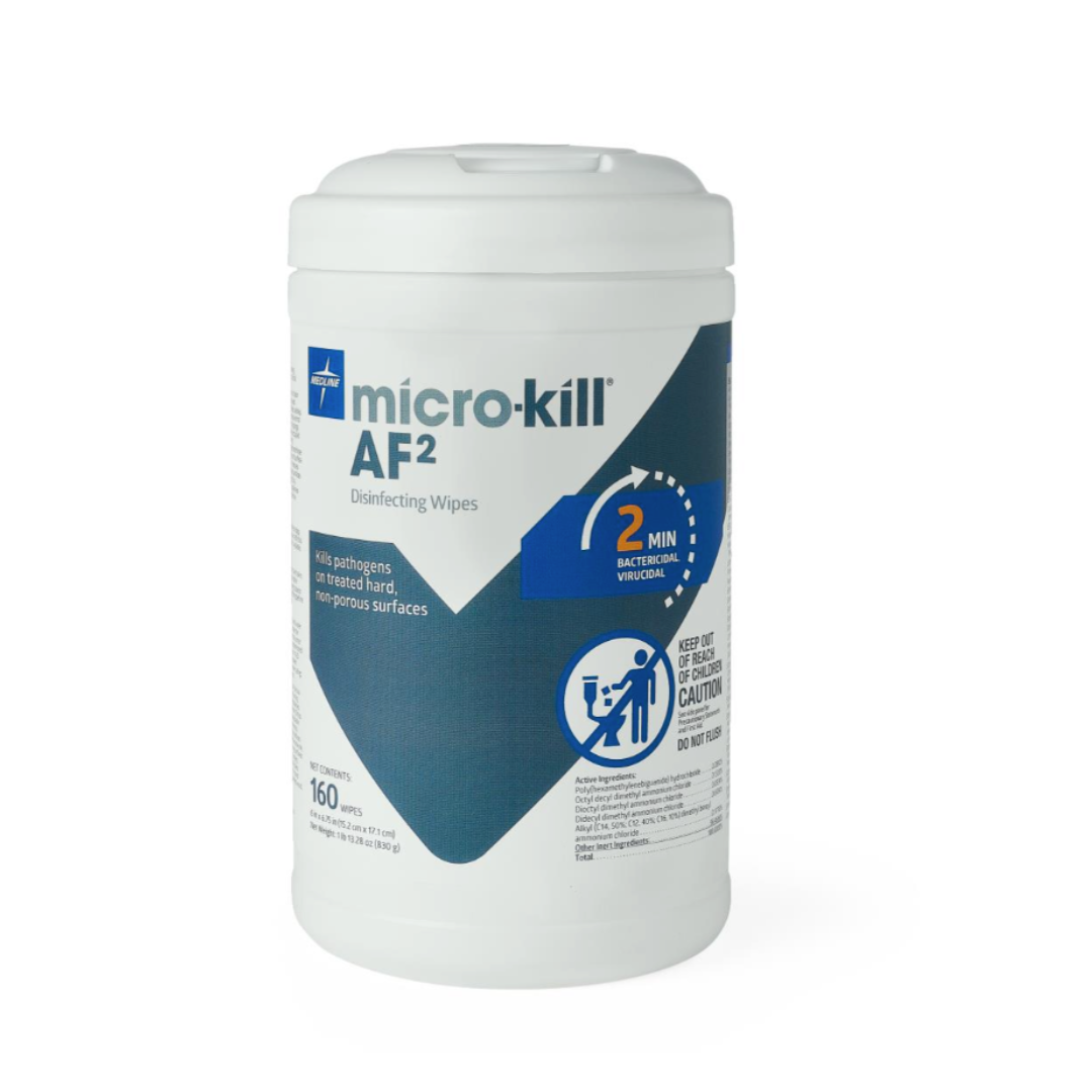 A white container of Medline Micro-Kill AF2 Disinfectant Wipes with blue and white labeling provides fast, effective cleaning and 2-minute disinfection for bacteria and viruses. Includes 160 wipes with caution and usage instructions on the label.